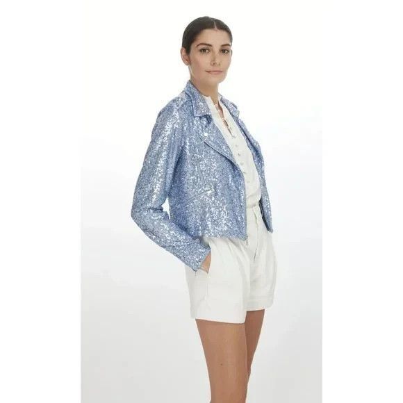 Generation Love Robin Sequined Moto Jacket Zip Up‎ Long Sleeve Chambray XS $395 - Picture 3 of 7